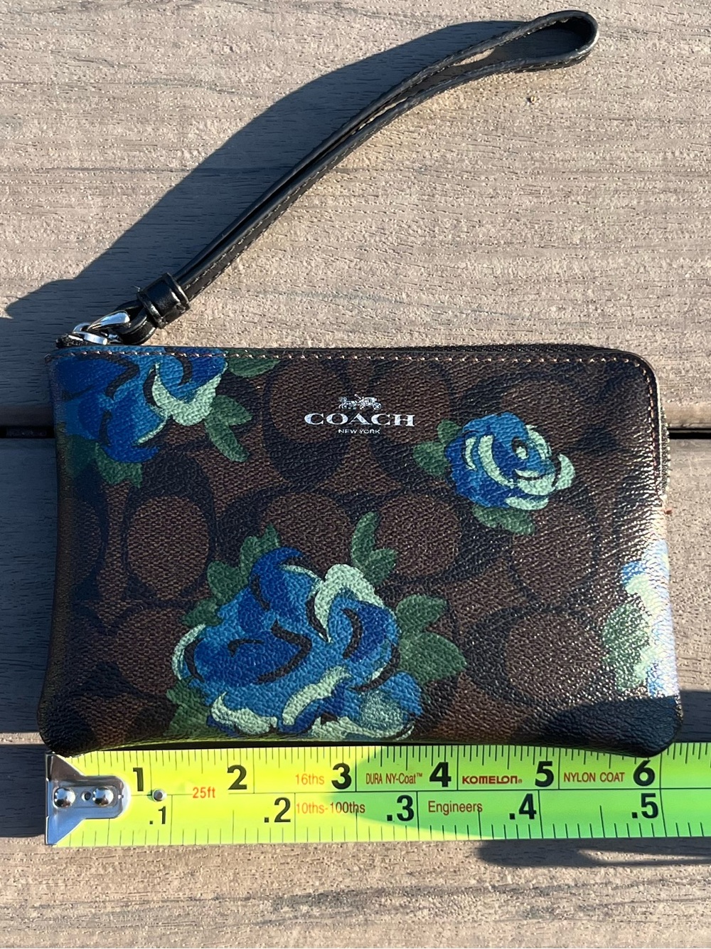 Coach; Brown Monogram; Blue Painter Style Floral; Corner Zip Wristlet; 6x4in - Picture 3 of 11